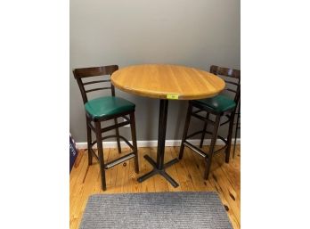 Round High Top Wood Table With Metal Base & Two Bar Stools