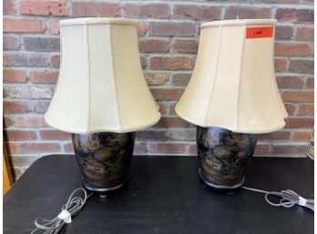 Pair Of Chinese Decorated Lamps W/ Shades