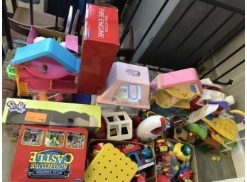Lot Of Plastic Doll Houses, Pirate Ship, Space Ship, Farms, Castle & (2) Boxes Of Play Parts