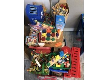 Child's Wooden Table With (1) Chair & Lot Of Wooden Toys