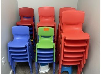 Lot Of Children's Chair, Plastic, (16) Large & (18) Small & (3) Stools