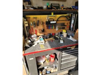 Craftsman Tool Bench With Pegboard, 5 Drawers, 2 Shelves  And Contents Of Wire, Brushes, Nut Drive Set, 3 Hand