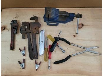 Lot - Drill Press Vise Marked Record 413, 3 Pipe Wrenches, Needle Nose Pliers