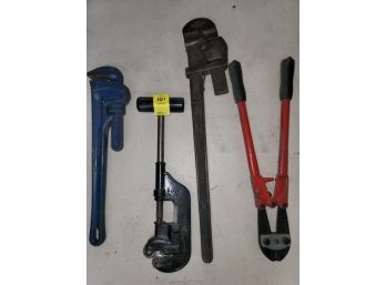 Lot Of 4 Tools - 2 Pipe Wrenches, 1 Bolt Cutter, 1 Pipe Cutter