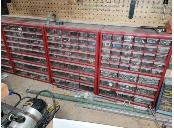 Lot - 3 Multidrawer Organizers, Red, With 39 Drawers , Each Filled With Nuts, Bolts, Light Duty Chain, Washers