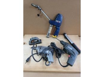 Lot Of Tools - Laser Level (condition Unknown) 2 Electric Drills (poor Condition) Lincoln Grease Gun And LED L
