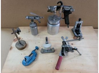 Lot - 2 Paint Guns, Height Stand, Pipe Cutter, Pipe Bender, Crimper, Small Vise