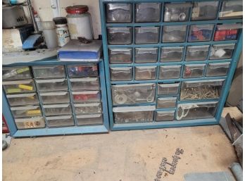2 Small Multidrawer Organizers, Blue, Filled With Wire Nuts, Nuts, Bolts, Light Bulbs, Brass Screws