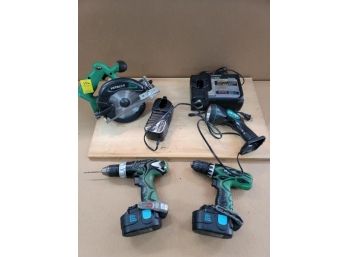 Hitachi Lot - 2 Drills, Circular Saw, Flashlight, 2 Chargers, 1 Sawzall (not Pictured), Condition Unknown, Mos