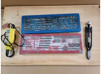 Lot - 2 Tap And Die Sets, Voltage Tester, Safety Wire Twister