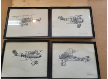 4 Airplane Prints, Pencil Signed, Print Of 1917 Plane Models (moisture Damage)