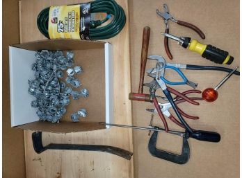 Lot - Extension Cord, Pliers, Pry Bar And Electrical Connections