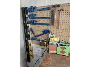 Lot - 4 Levels, 6 Dunlap Pipe Wrenches, Sandpaper And 2 Hammers