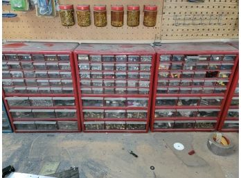3 Multidrawer Organizers, Red, 39 Drawers Each (1 Drawer Missing) Filled With Nut, Bolts, Rivets, Brass Fittin