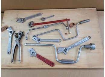 Lot - Punches, Adjustable Wrenches, Combo Wrench, 2 Hand Ratchets