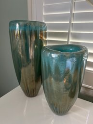 Pair Of Green Iridescent Glass Vases