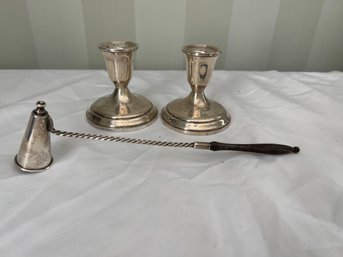 Pair Of Sterling Silver Towle Candlesticks And Sterling Candle Snuffer