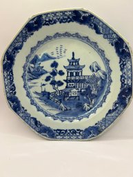 Antique Chinese Export Blue And White 8 Sided Plate