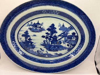 Antique Canton Blue And White Platter With Blue Underglaze, Early 20th Century Antique Chinoiserie Pagoda Scn