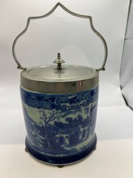 Vintage Ironstone China Blue  White 'Willow Pattern' Biscuit Barrel C1900s