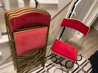 Vintage Set Of Gold 5 Folding Chairs With Red Velvet Fabric
