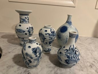 Collection Of Small Blue And White Ceramic Vases