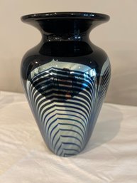Black, Irridescent Striped Art Glass Vase