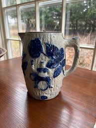 Antique Utica Whites Pottery Ny Blue Decorated Stoneware Jug Pub Scene Motif Circa 1880