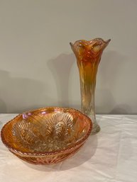 Vintage Imperial Glass Company Orange Carnival Glass, Beaded Bullseye Imperial Glass Vase And Bowl