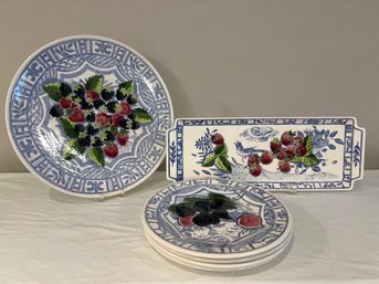 Gien Oiseau Bleu Fruit Cake Plate, French Berries  Blue Gien France Set, Blackberries Strawberri