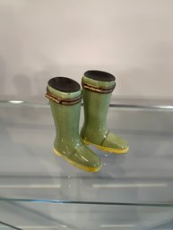 Pair Of LIMOGES FRANCE TRINKET BOX PAINT MAINE GREEN BOOTS
