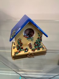 Lovely Hand Painted & Signed Limoges Bird House Trinket Box With Hinged Base