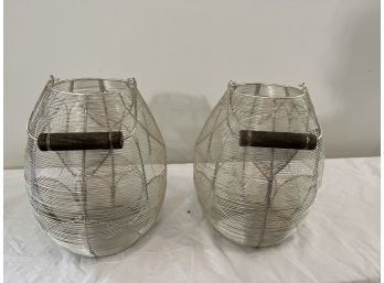 Pair Of Wire Lanterns With Wood Handles