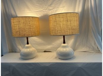 Pair Of Ceramic Table Lamps With Walnut Arm And Rattan Shade