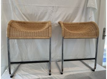 Pair Of Rattan Counter Stools With Chrome Legs
