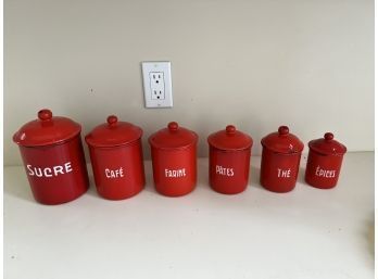 French/Czech Vintage Fire Engine Red And White Enamel Six Piece Canister Set / Circa 1950's