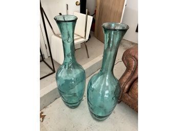 Pair Large Turquoise Vases , Recycled Glass