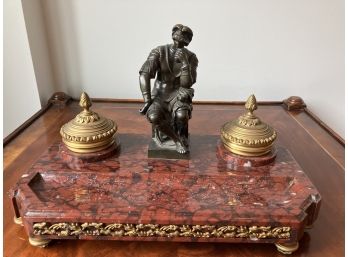 19th Century French Bronze Inkwell With Roman Figure On Brown Marble Base