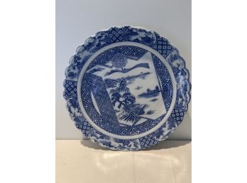 Japanese 19th Century Blue & White Porcelain Plate With Landscapes And Flowers