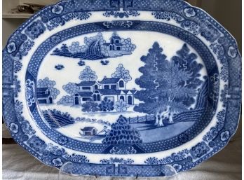 Antique English Spode Blue And White Transferware Pottery Forest Landscape Platter