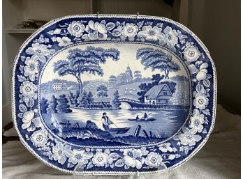 A Large 19th C English Staffordshire Pottery Platter Or Serving Plate Decorated With Transfer Prints Of The 'W