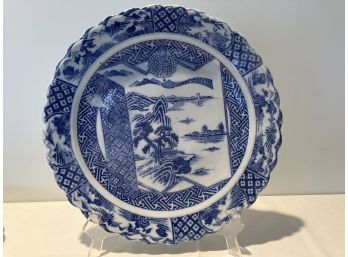 Japanese 19th Century Blue & White Porcelain Plate With Landscapes And Flowers 1 Of 2 Has White Flaw In Glaze