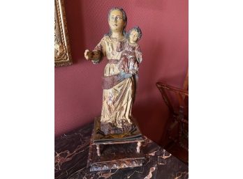 Carved Antique Wood Statue Of Mother And Child