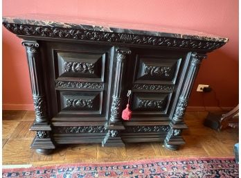 Superbly Carved Antique Oak Ebonized Cabinet With Marble Top