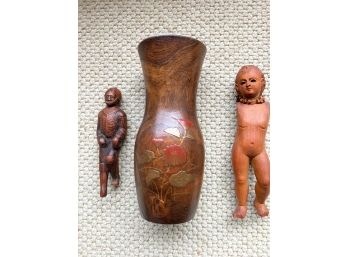 Two Carved Fragments & A Wood Vase