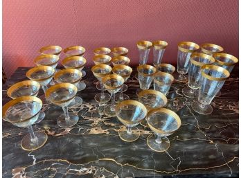 Set Of 30 Hand Blown Glasses With Gold Rim