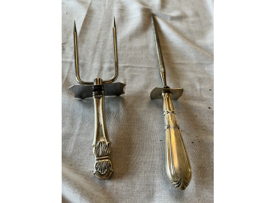 Pair Sterling Silver Knife Sharpener And Meat Fork
