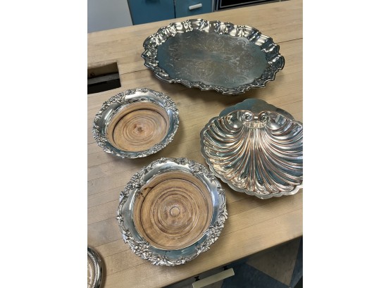 Collection Of 4 Plated Items Including Two Wine Coasters And Two Trays