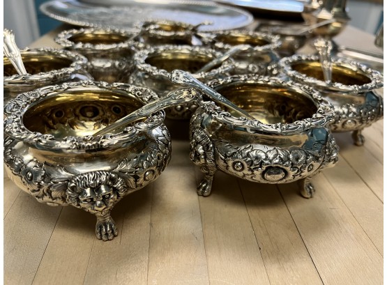 8 Silver Plated Footed Jam Pots With Spoons