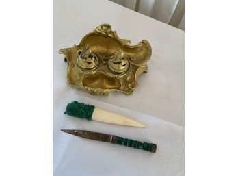 Bronze Inkwell With 2 Malachite Letter Openers